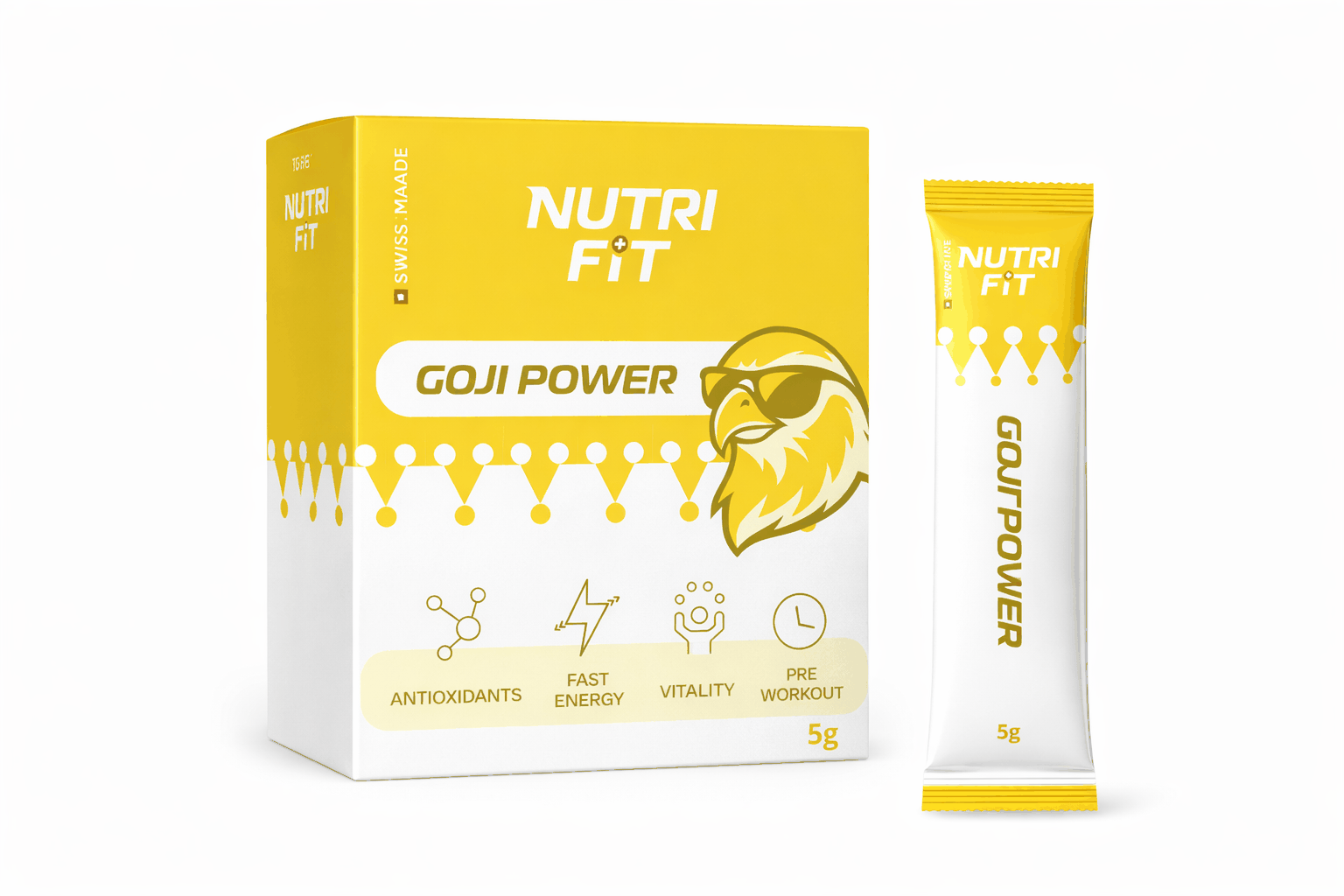 Goji Power pré-workout sachets with goji berries, cacao, and ginseng for natural energy and focus